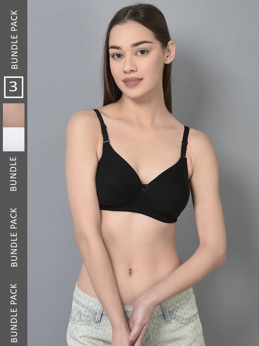 Dollar Missy Pack of 3 Women's Combed Cotton with Stretchy Elastane Wire-Free Full Coverage Padded Bra