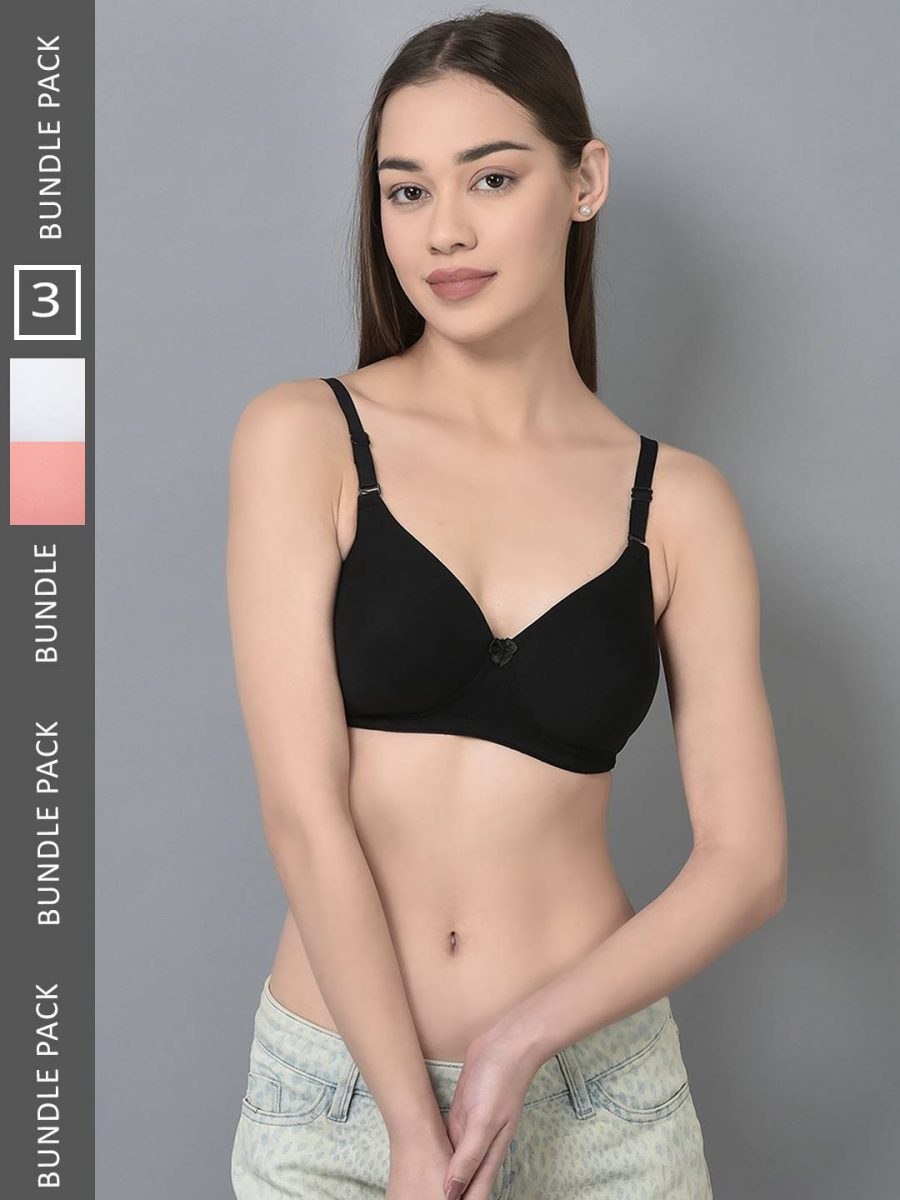 Dollar Missy Pack of 3 Women's Combed Cotton with Stretchy Elastane Wire-Free Full Coverage Padded Bra