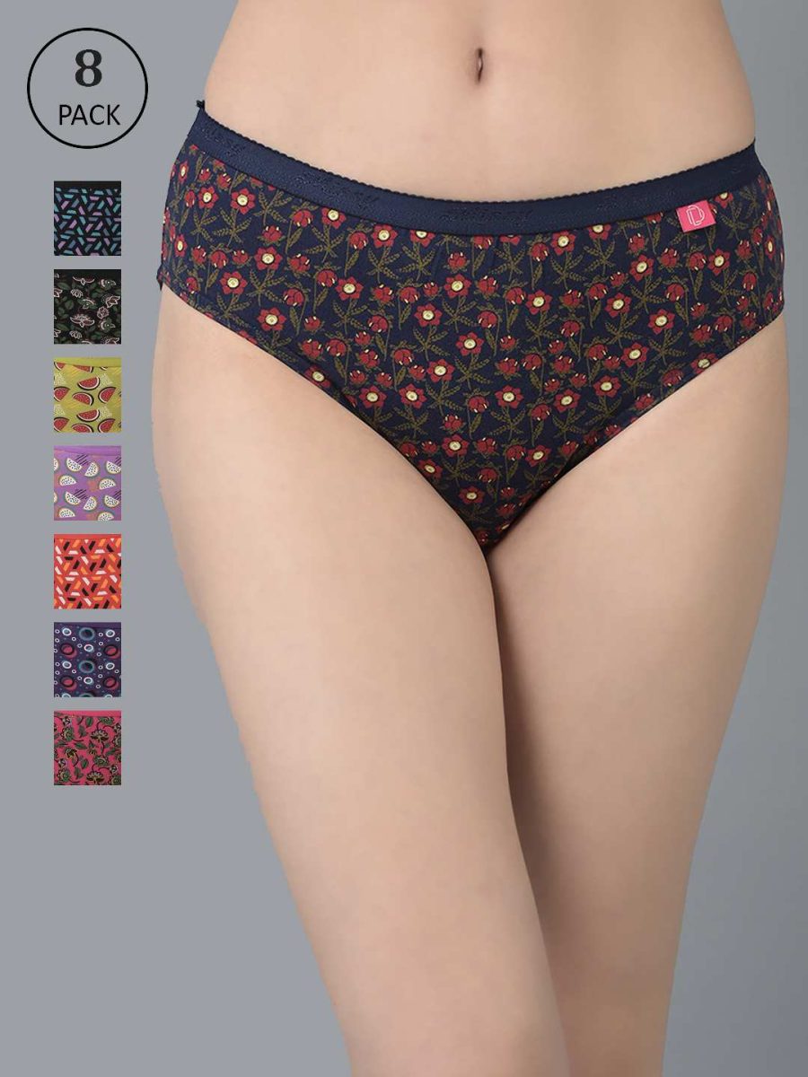 Dollar Missy Pack of 8 Women's Combed Cotton Deep Printed Outer Elasticated Hipster Panty