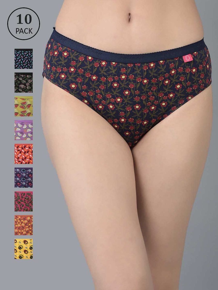 Dollar Missy Pack of 10 Women's Combed Cotton Deep Printed Outer Elasticated Hipster Panty