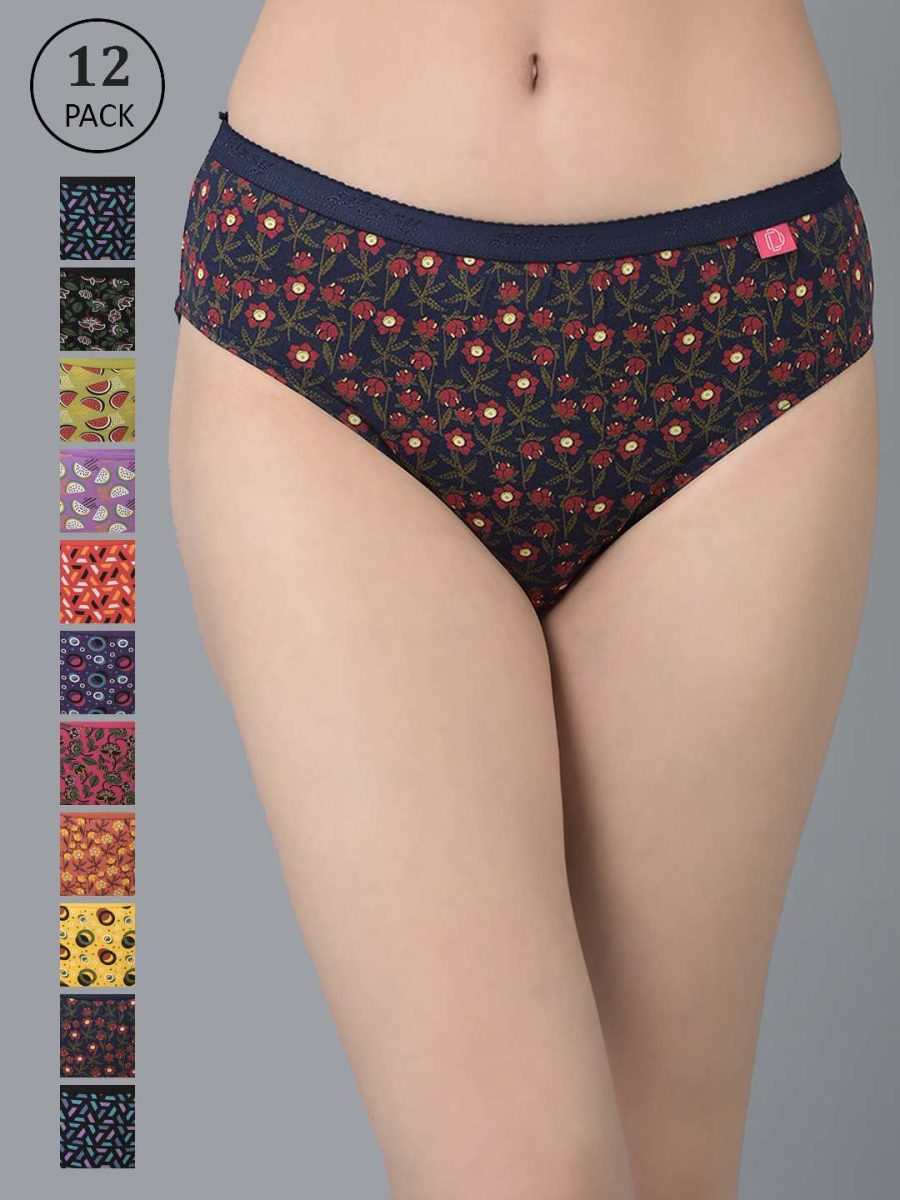 Dollar Missy Pack of 12 Women's Combed Cotton Deep Printed Outer Elasticated Hipster Panty