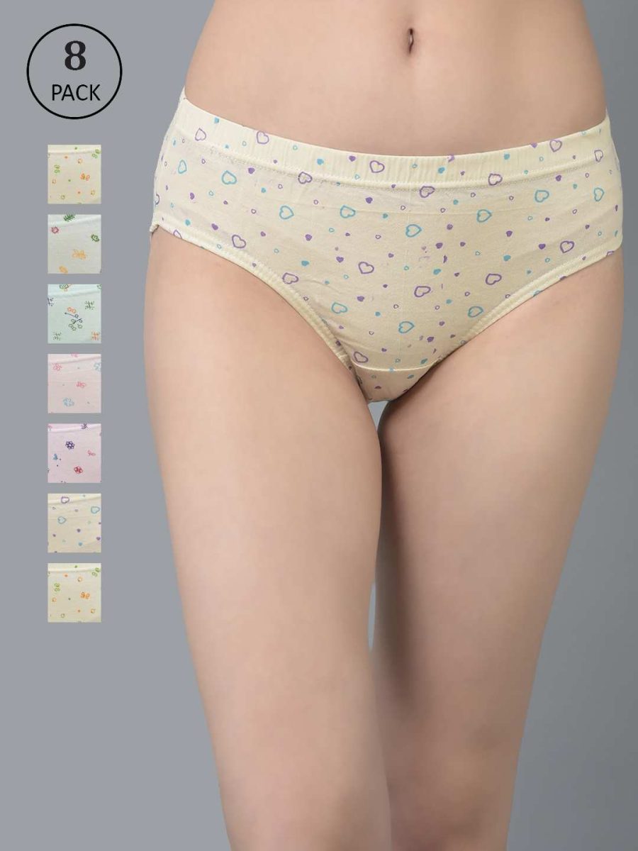 Dollar Missy Pack of 8 Women's Combed Cotton Light Printed Inner Elasticated Hipster Panty