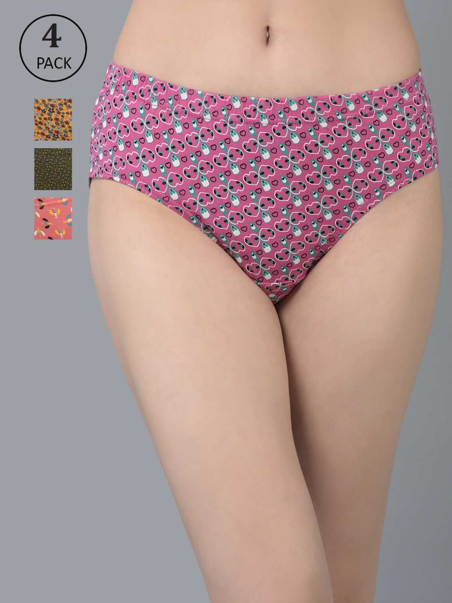 Dollar Missy Pack of 4 Women's Combed Cotton Deep Printed Inner Elasticated Hipster Panty