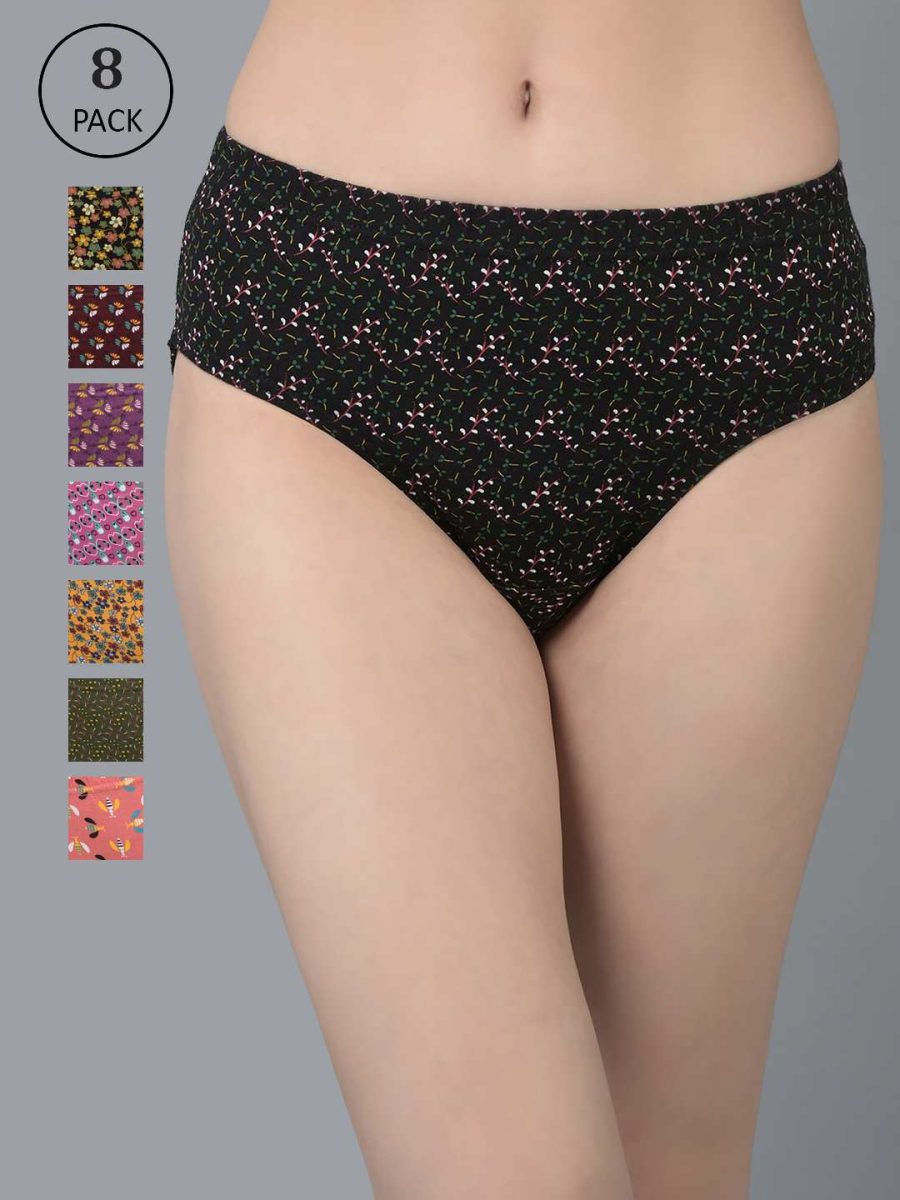 Dollar Missy Pack of 8 Women's Combed Cotton Deep Printed Inner Elasticated Hipster Panty