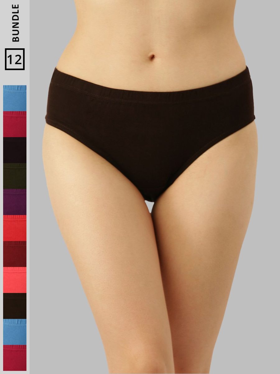 Dollar Missy Pack of 12 Women's Combed Cotton Solid Inner Elasticated Hipster Panty