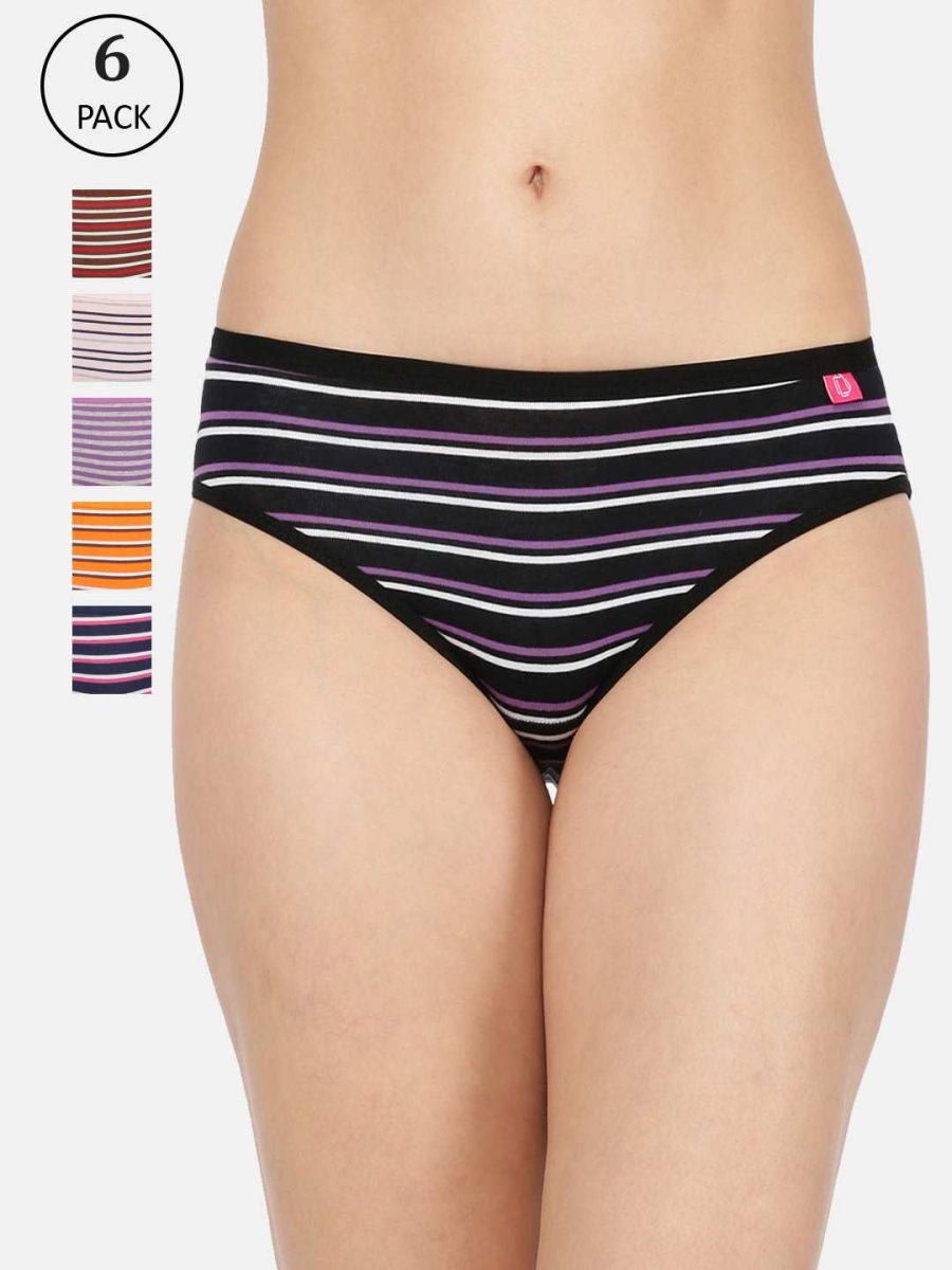 Dollar Missy Pack of 6 Women's Combed Cotton with Spandex Striped Inner Elasticated Hipster Panty