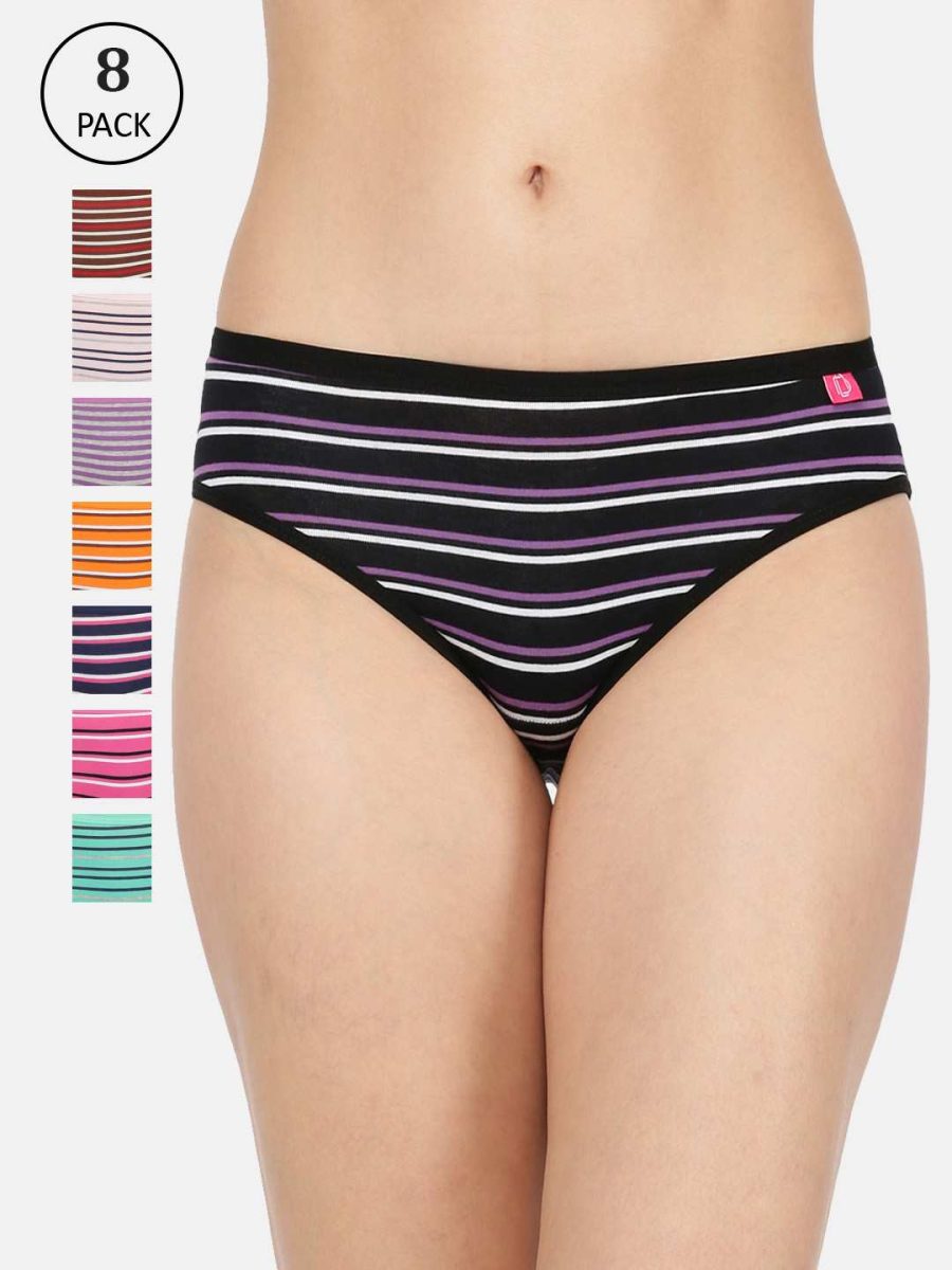 Dollar Missy Pack of 8 Women's Combed Cotton with Spandex Striped Inner Elasticated Hipster Panty