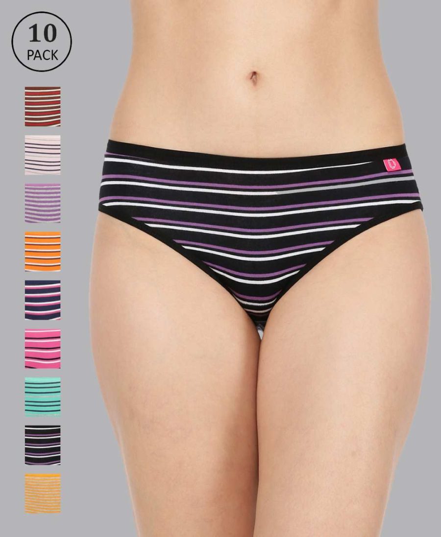 Dollar Missy Pack of 10 Women's Combed Cotton with Spandex Striped Inner Elasticated Hipster Panty