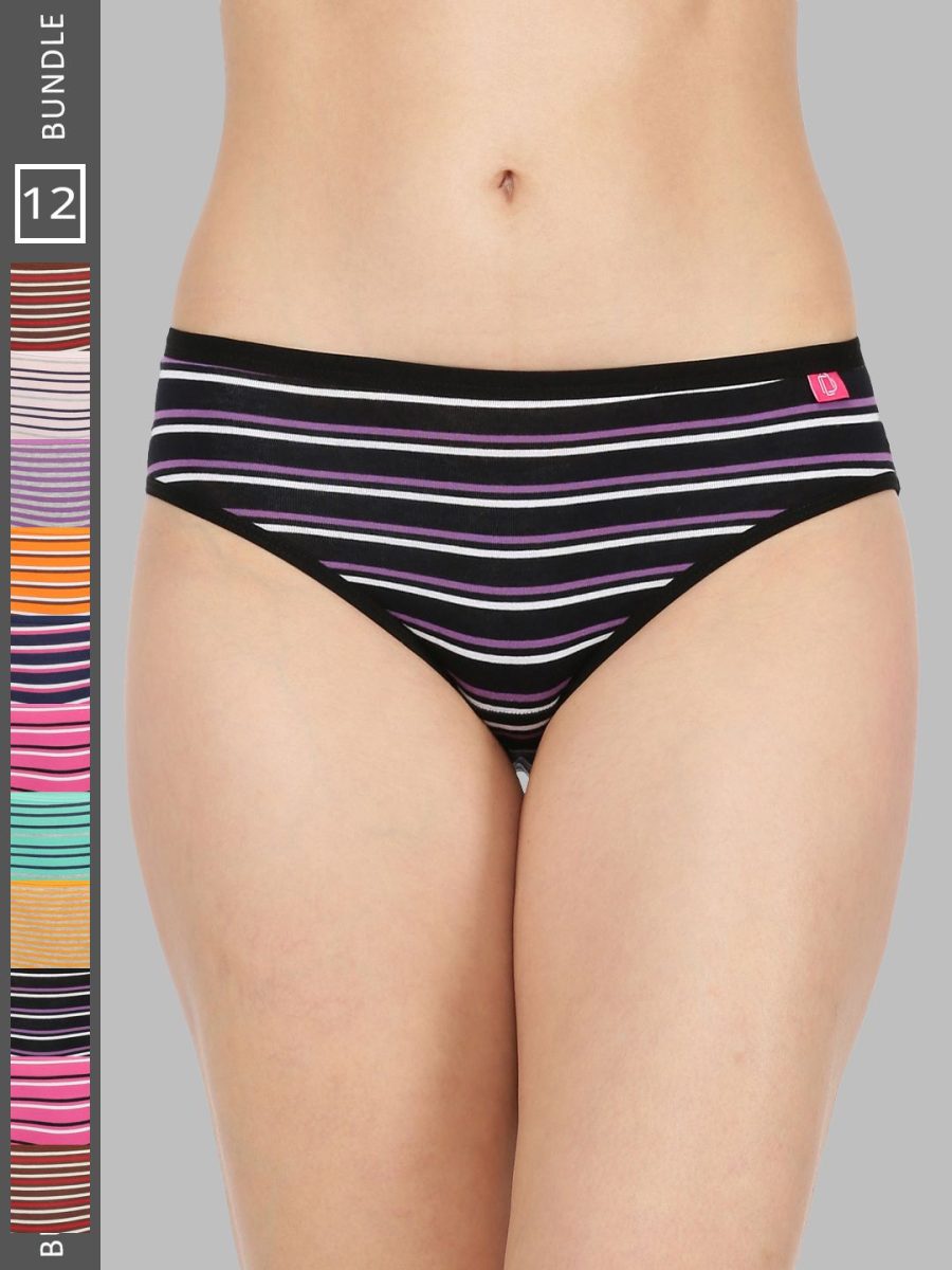 Dollar Missy Pack of 12 Women's Combed Cotton with Spandex Striped Inner Elasticated Hipster Panty
