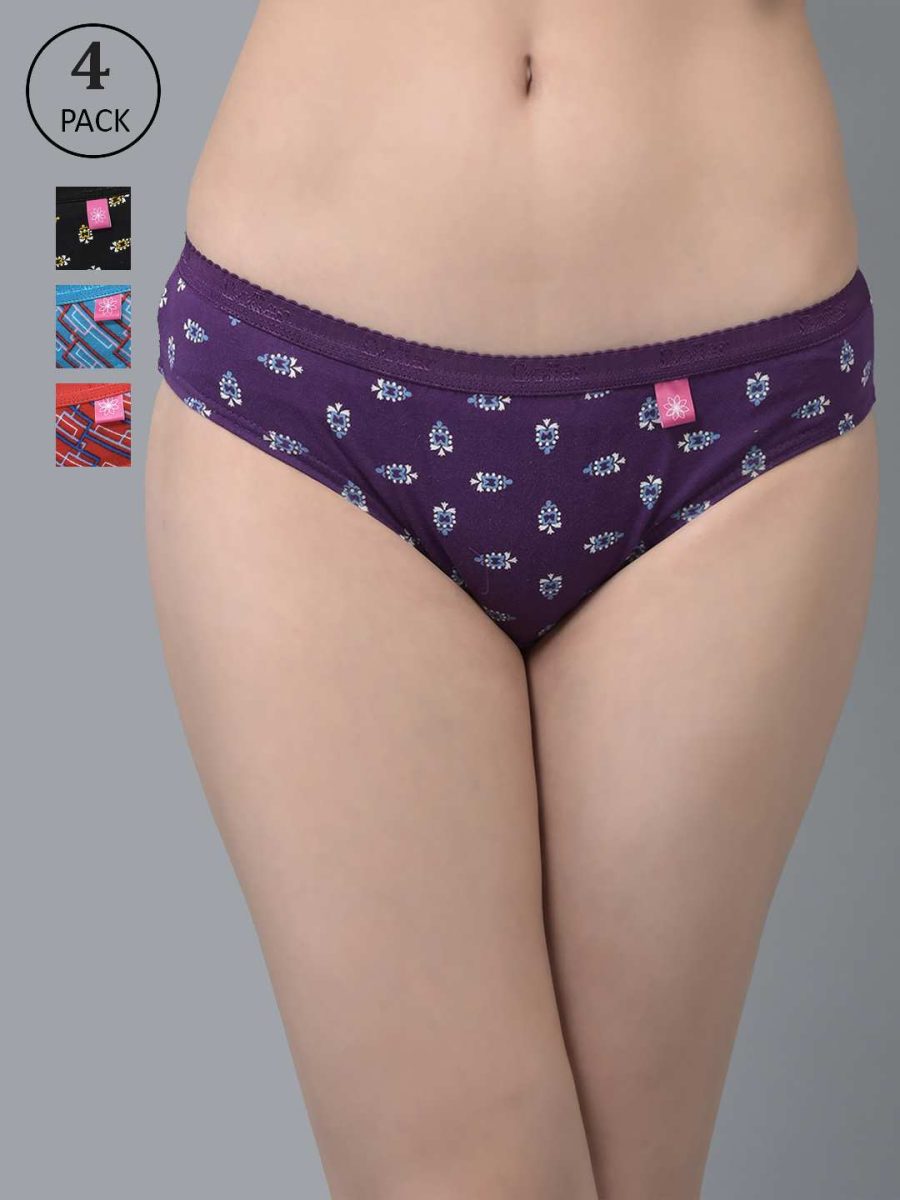 Dollar Missy Pack of 4 Women's Combed Cotton Deep Printed Outer Elasticated Bikini Panty
