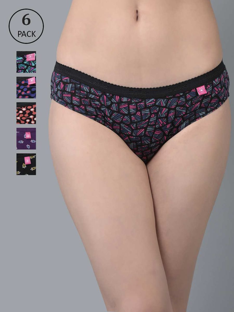 Dollar Missy Pack of 6 Women's Combed Cotton Deep Printed Outer Elasticated Bikini Panty