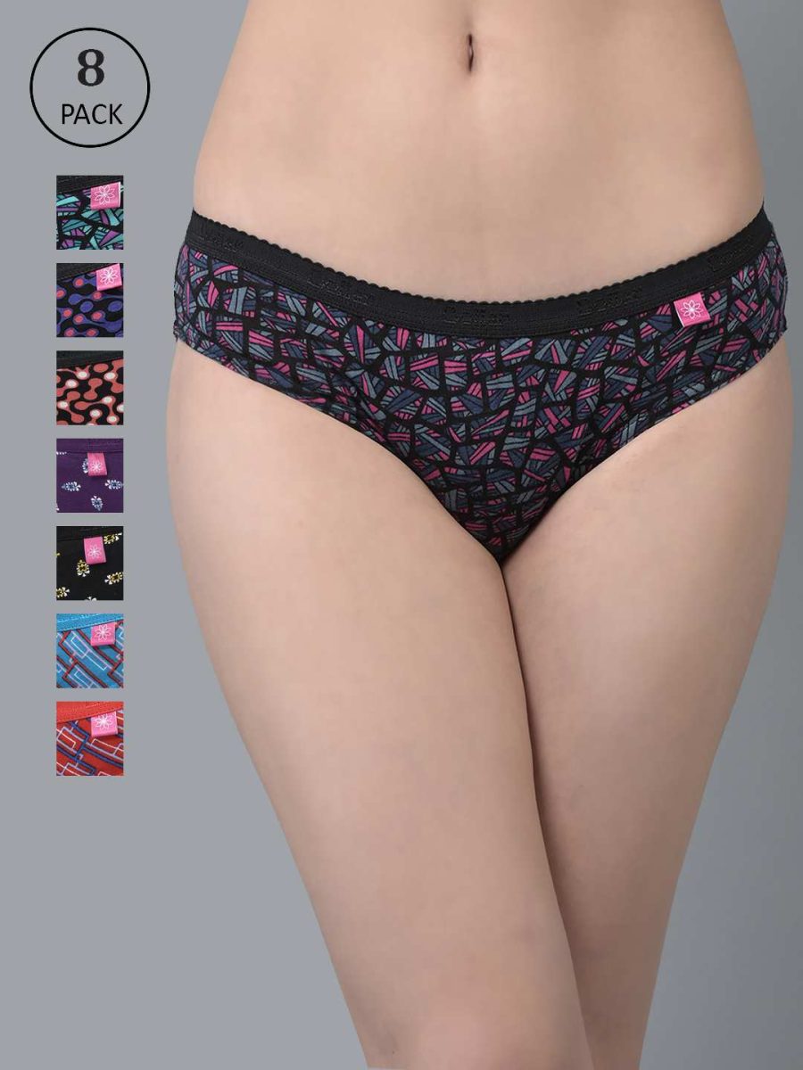 Dollar Missy Pack of 8 Women's Combed Cotton Deep Printed Outer Elasticated Bikini Panty