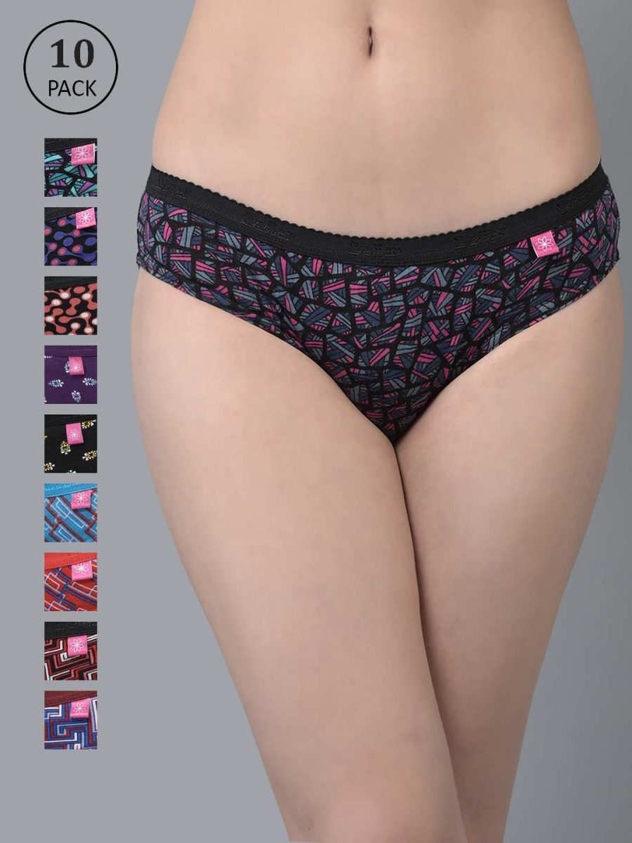 Dollar Missy Pack of 10 Women's Combed Cotton Deep Printed Outer Elasticated Bikini Panty