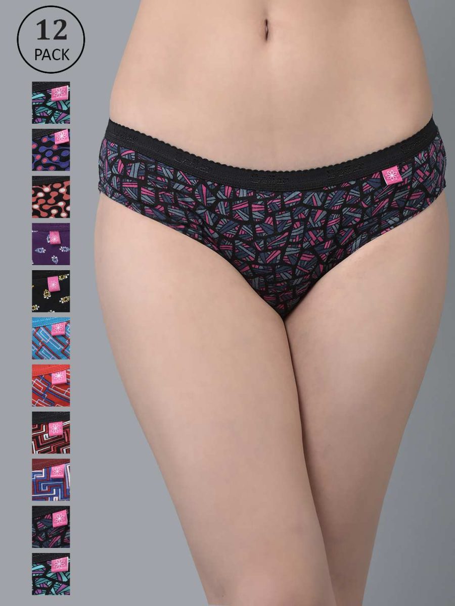 Dollar Missy Pack of 12 Women's Combed Cotton Deep Printed Outer Elasticated Bikini Panty