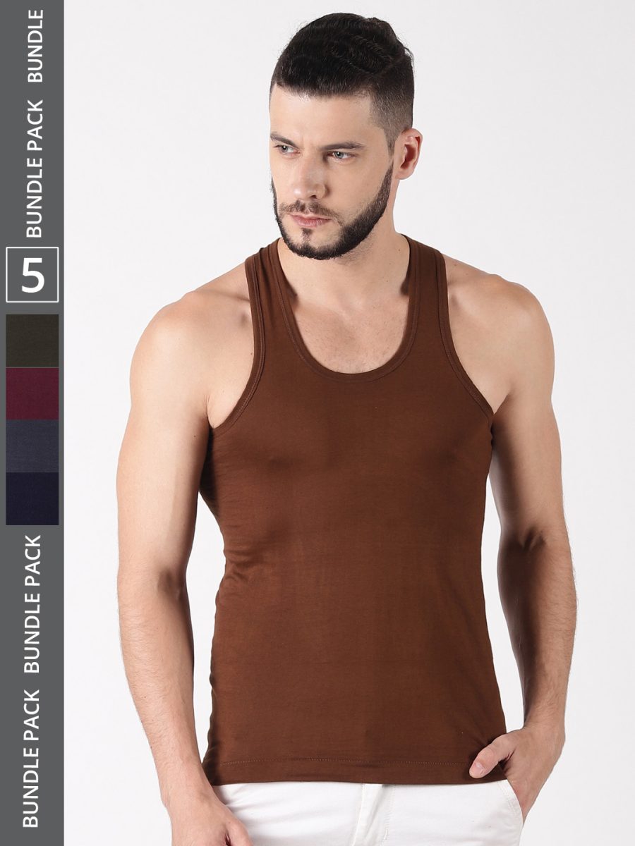 Dollar Lehar Men's Assorted Pack of 5 Combed Cotton Vest