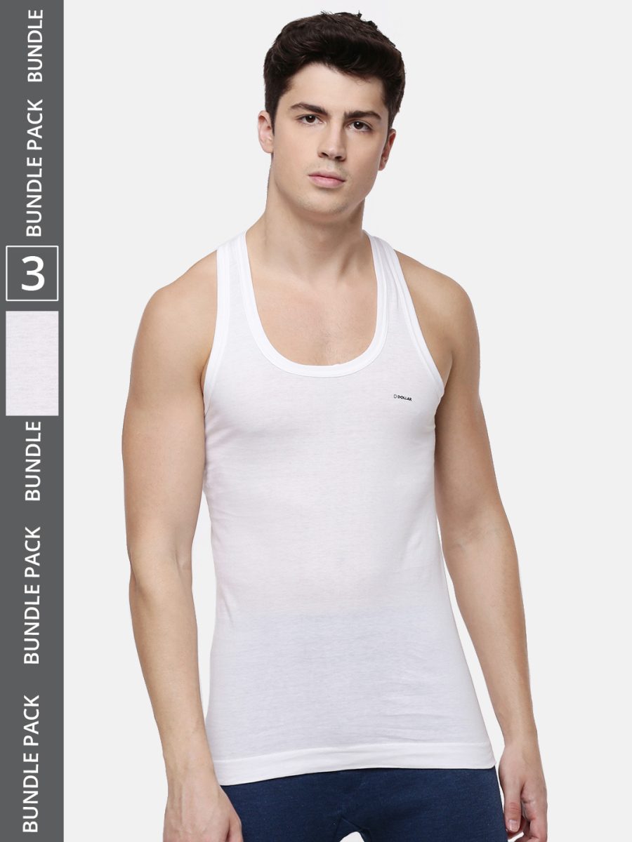 Dollar Lehar Men's White Pack of 3 Combed Cotton Vest