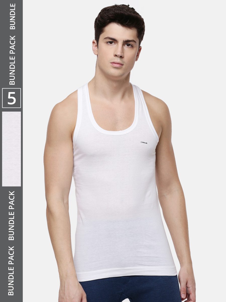 Dollar Lehar Men's White Pack of 5 Combed Cotton Vest