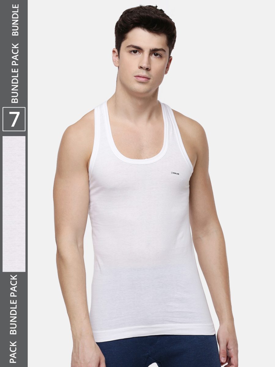 Dollar Lehar Men's White Pack of 7 Combed Cotton Vest