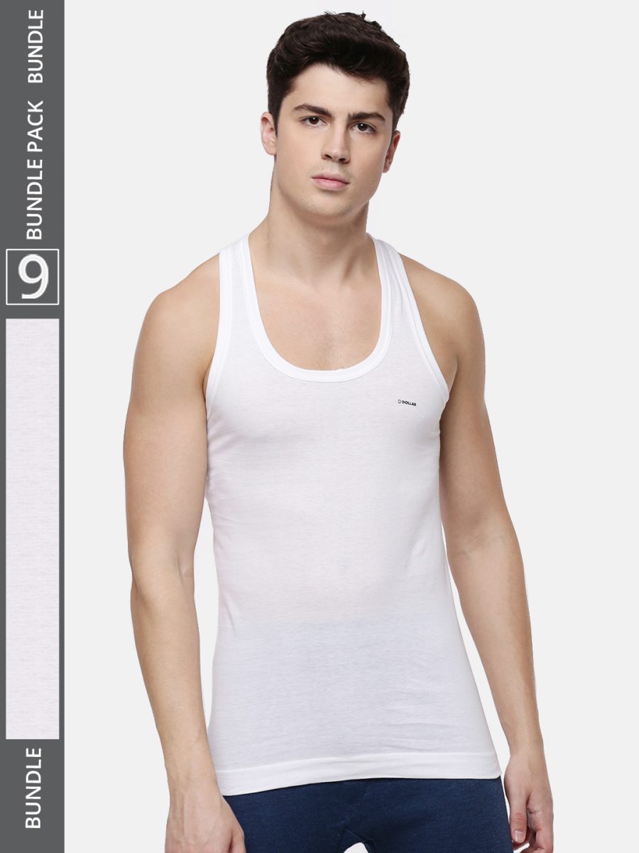Dollar Lehar Men's White Pack of 9 Combed Cotton Vest