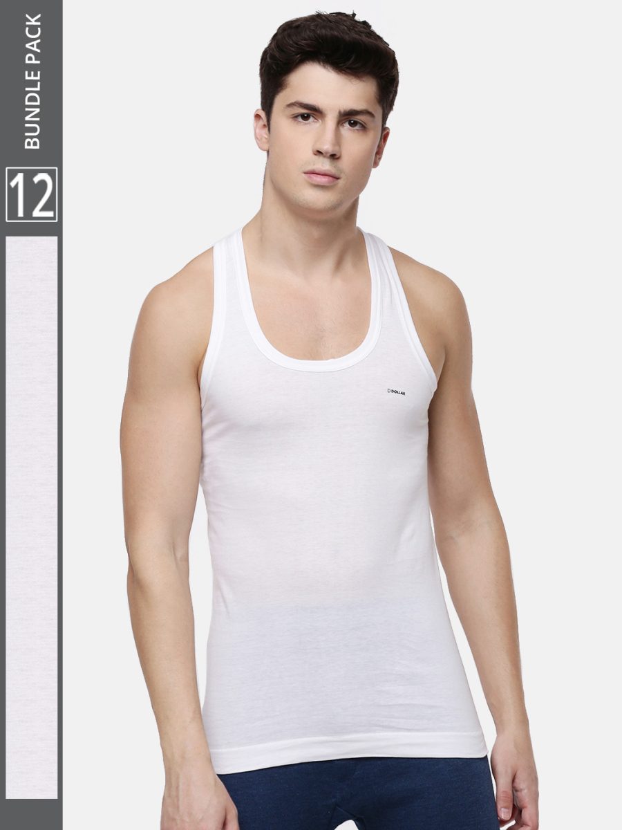 Dollar Lehar Men's White Pack of 12 Combed Cotton Vest