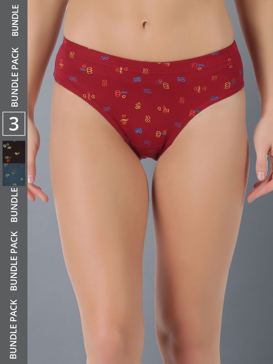 Dollar Lehar Women’s Assorted Pack of 3 Combed Cotton Printed Solid Panty