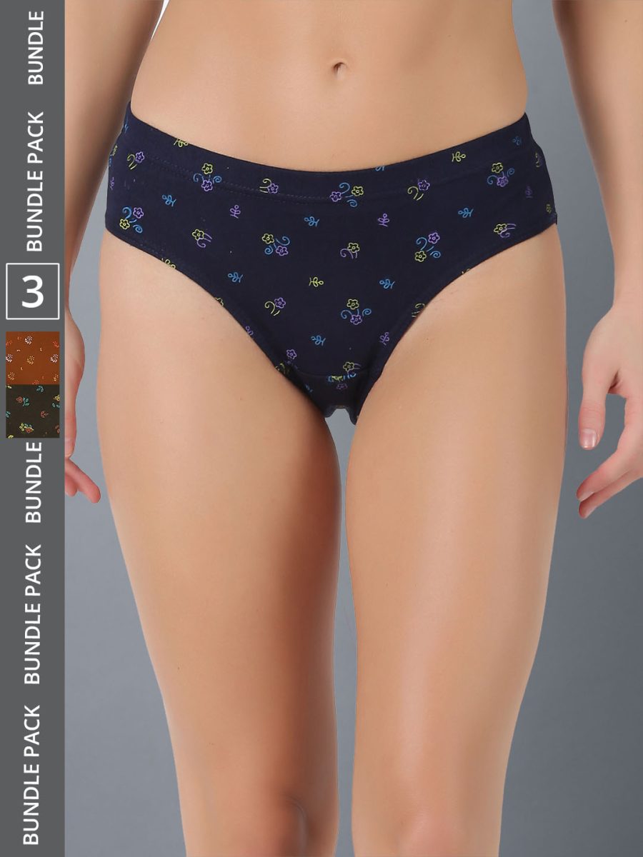 Dollar Lehar Women’s Assorted Pack of 3 Combed Cotton Printed Solid Panty