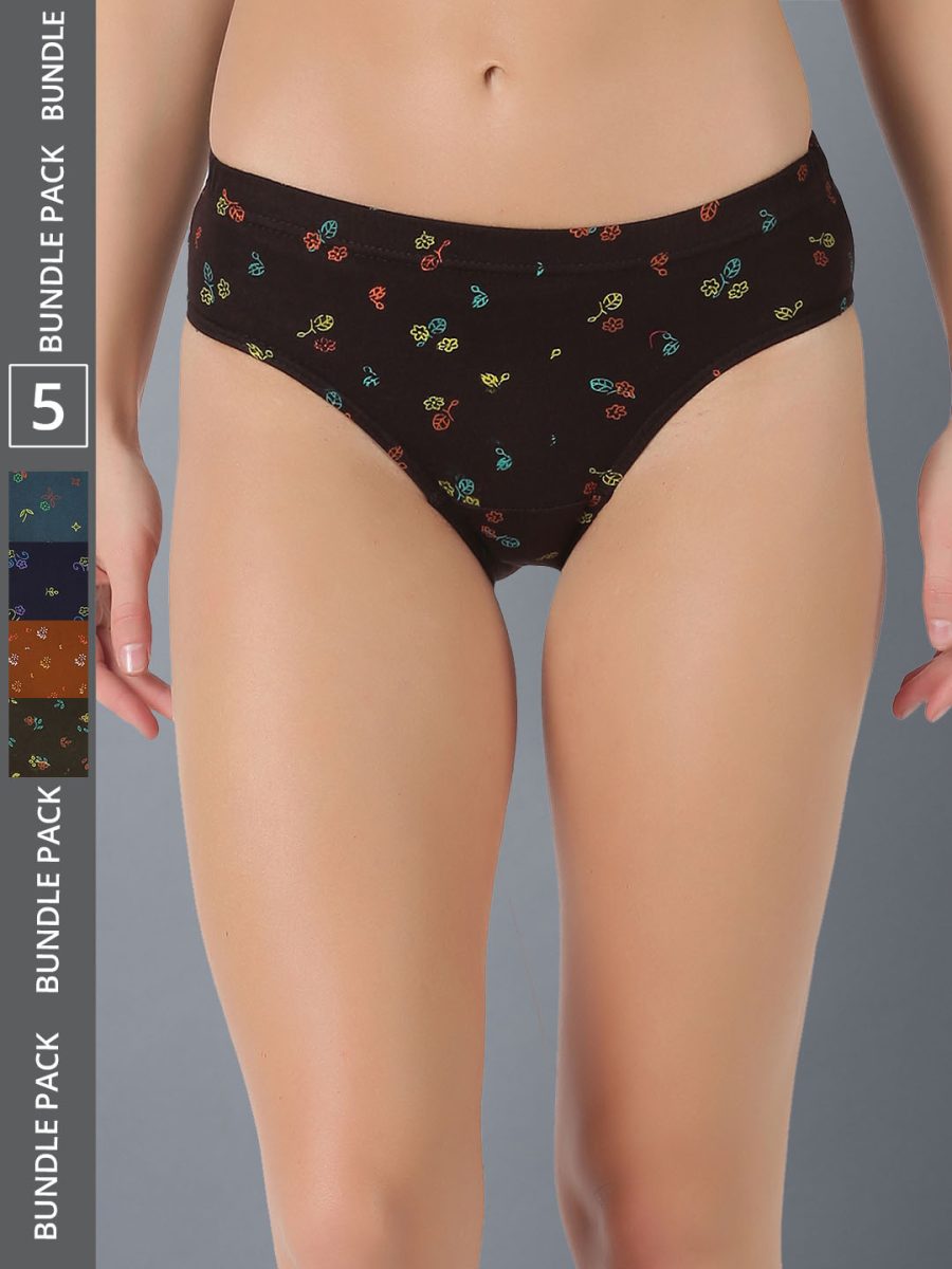 Dollar Lehar Women’s Assorted Pack of 5 Combed Cotton Printed Solid Panty