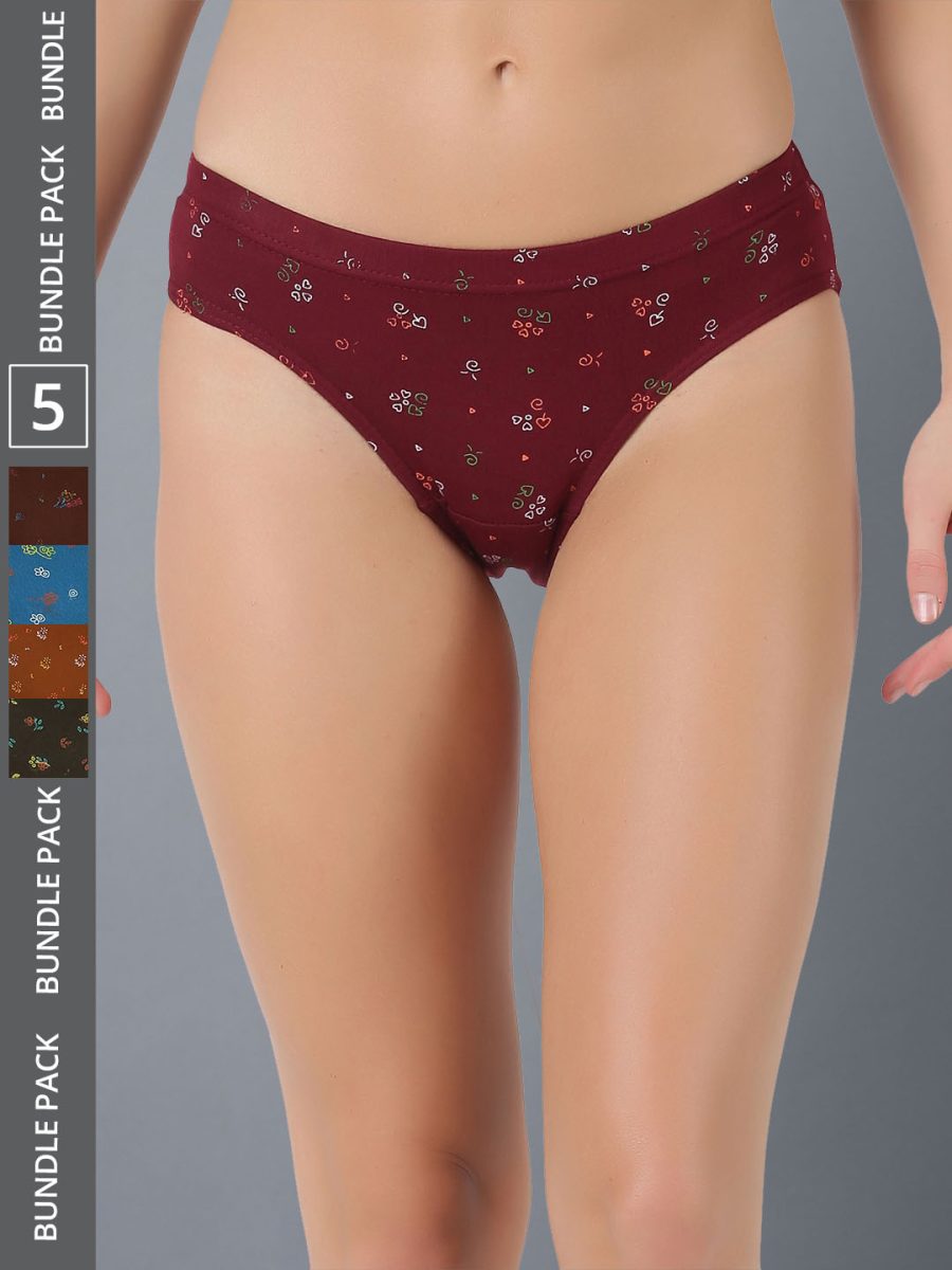 Dollar Lehar Women’s Assorted Pack of 5 Combed Cotton Printed Solid Panty