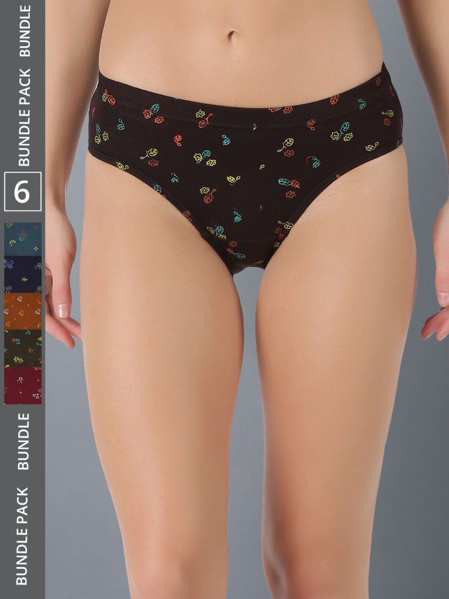 Dollar Lehar Women’s Assorted Pack of 6 Combed Cotton Printed Solid Panty