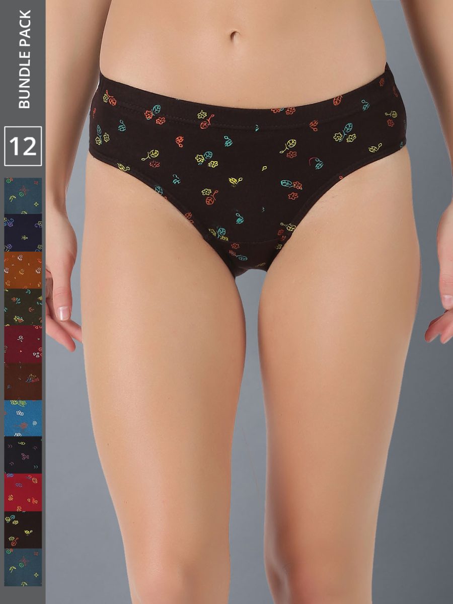Dollar Lehar Women’s Assorted Pack of 12 Combed Cotton Printed Solid Panty