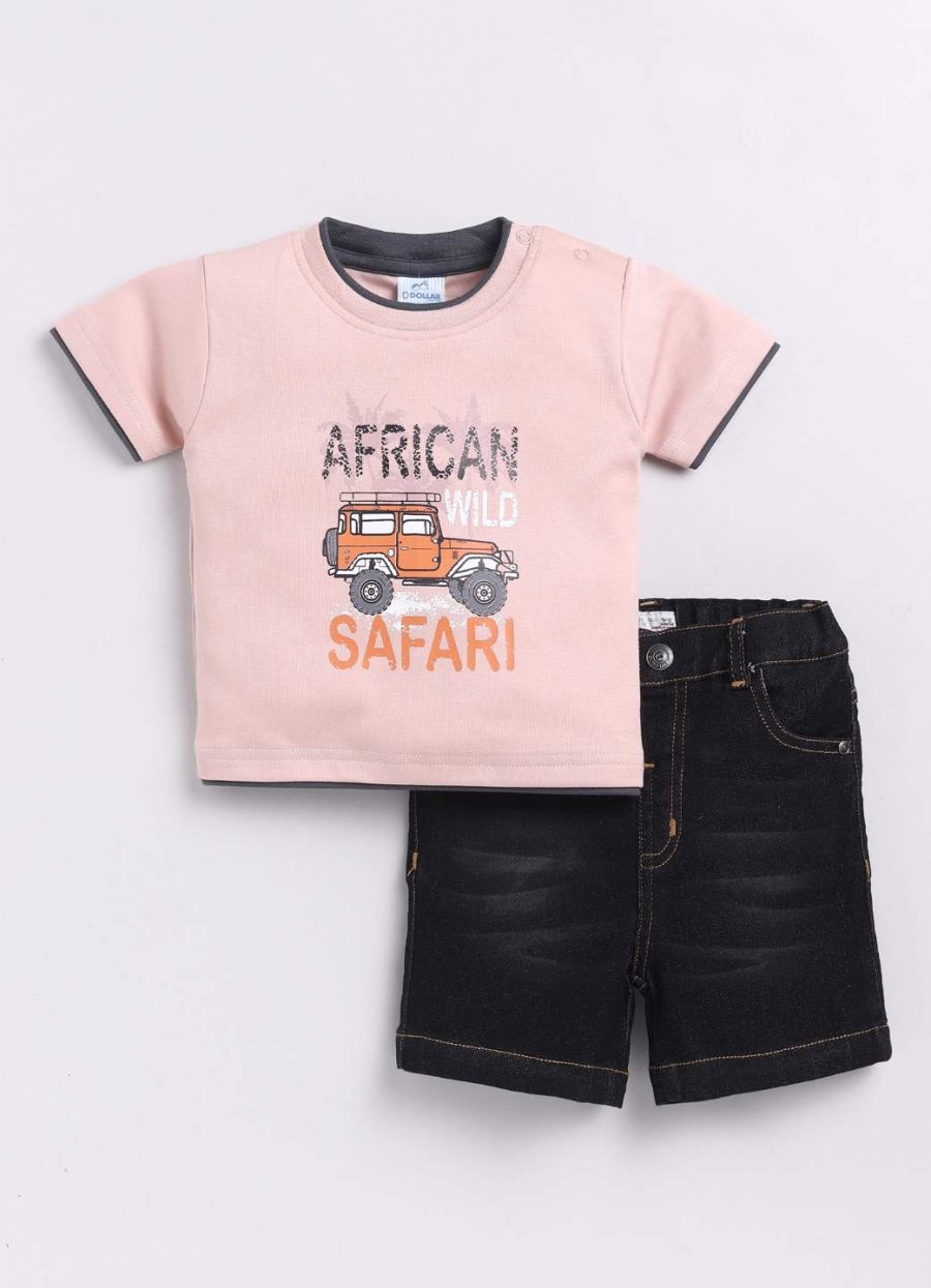Dollar Peach-Black Denim Baby Boys Combo Set