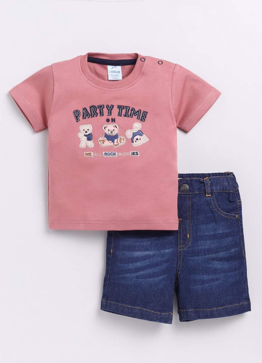 Dollar Peach-Blue Denim Baby Boys Combo Set