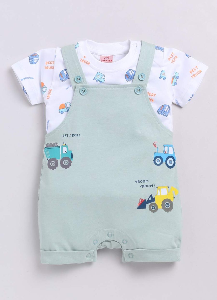 Dollar White-Aqua Green Baby Boys & Baby Girls Dungarees