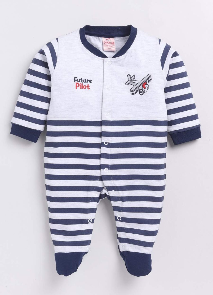 Dollar White-Navy Striped Baby Boys & Baby Girls Shoe Romper