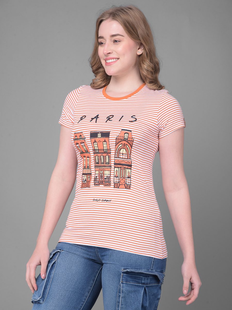 Dollar Women's Pack of 3 Printed Stretchable Cotton Round Neck Tshirt