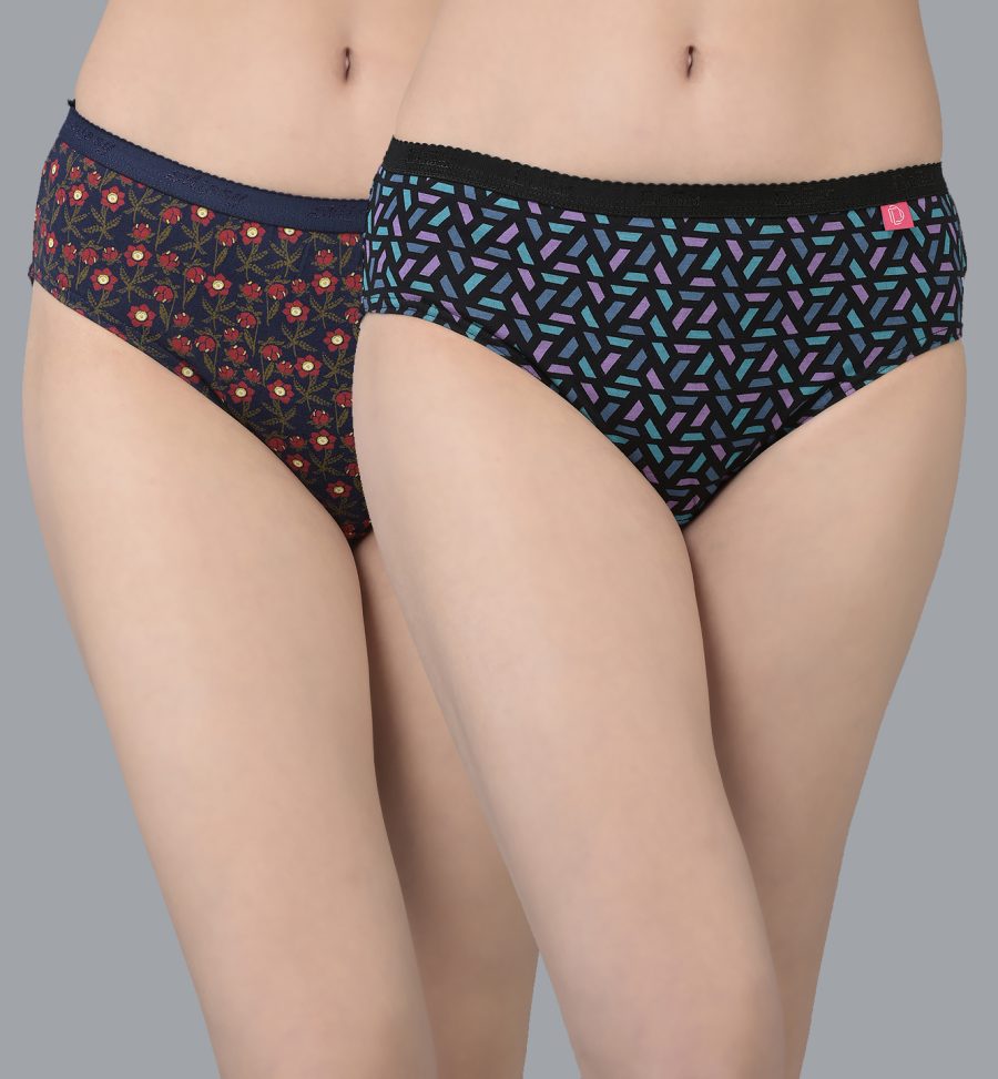 Dollar Missy Women Assorted Deep Color Printed Pack of 2 Outer Elasticated Cotton Hipster Panties